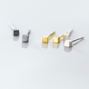 Tiny Cube Stud Earrings, Brushed Sterling Silver, Silver, Gold or Black Colour, Minimalist Everyday Jewellery, Small Cute Stud, Gift for Her