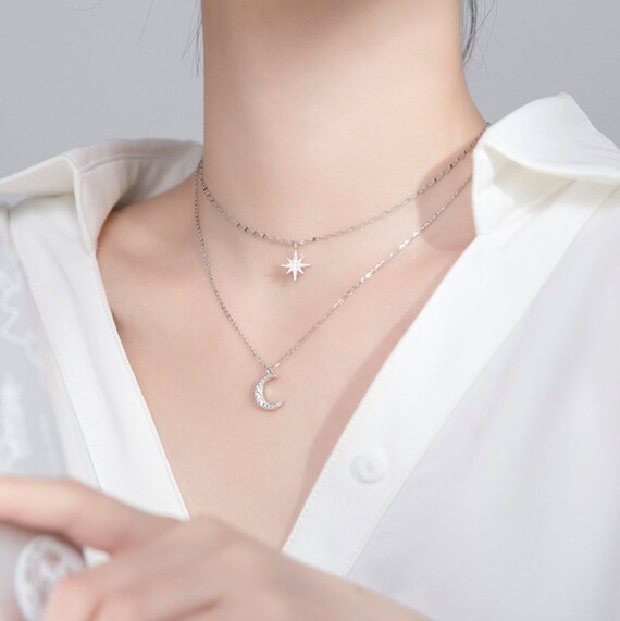 Sterling Silver Double Chain Necklace Moon and Star Pendants