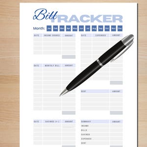 May include: A printable bill tracker with sections for income, expenses, monthly bills, debt, and savings. The tracker includes a calendar for each month of the year and a summary section for totals.
