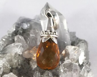 Solid 925 Sterling Silver Amber Orange Faceted Glass Briolette Drop Pendant