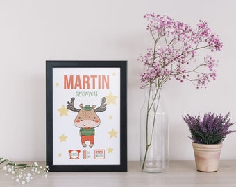 Baby room, personalized poster "Rodolphe" boy, birth gift, illustration for children