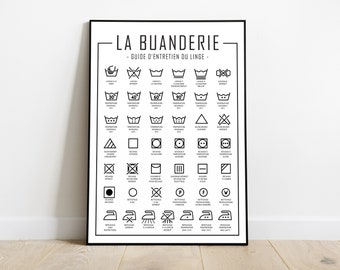 Laundry room poster, Laundry care - Laundry room poster guide to symbols - poster to print - DIGITAL DOWNLOAD
