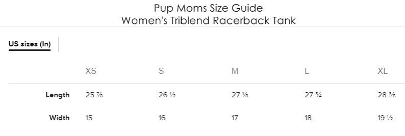 May include: Size chart for a women's racerback tank top, showing measurements in inches for length and width. Sizes include XS, S, M, L, and XL.