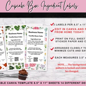May include: A sheet of editable Canva template labels for cupcake boxes. The labels are 8.89cm x 19.69cm and include ingredient lists for vanilla bean cake. The sheet contains 3 labels per 21.59cm x 27.94cm sheet. The labels have floral and other decorative designs.