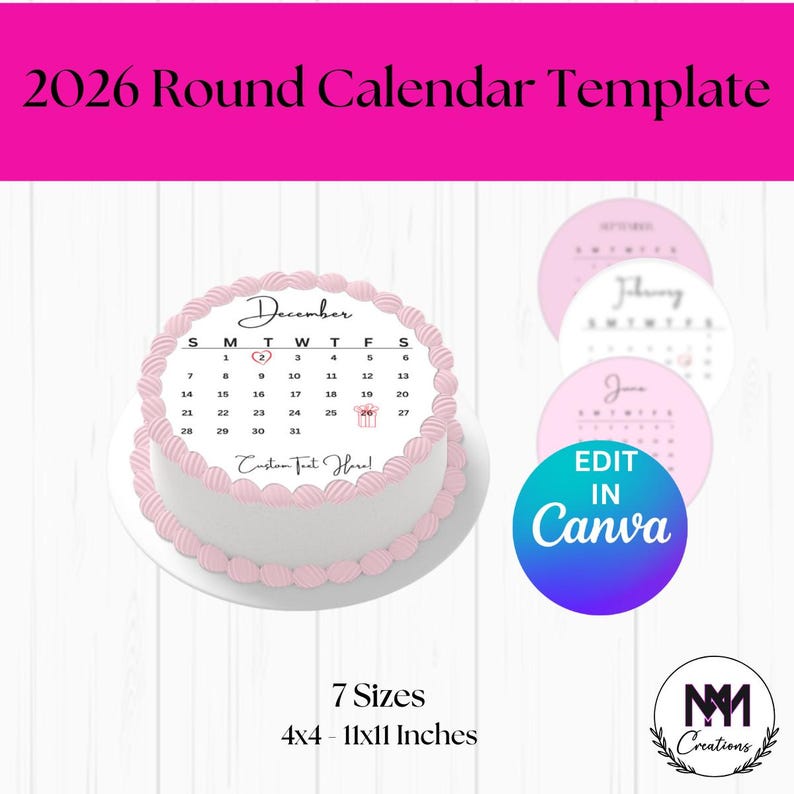 2026 Calendar Cake Topper Template, Editable Birthday Cake, Round ...