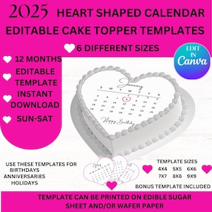 Burn Away Cake Topper 2025,Calendar Template,Heart Shaped Topper, Printable Calendar, Anniversary Topper, Birthday Topper, Editable Topper