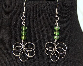Handcrafted wire earrings, dangle earrings, stainless steel, surgical steel, silver and green bead earrings, gift under 30, ready to ship