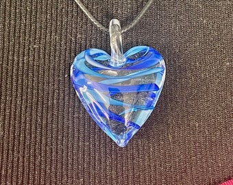 Blue glass heart necklace, leather necklace, blown glass heart, shades of blue jewelry, Mothers Day gift for her, love heart necklace