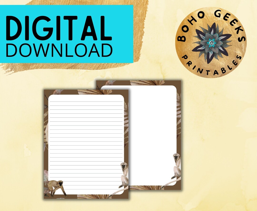 Monkey Printable Stationery Set 8.5x11 Letter Size, Instant Download to ...