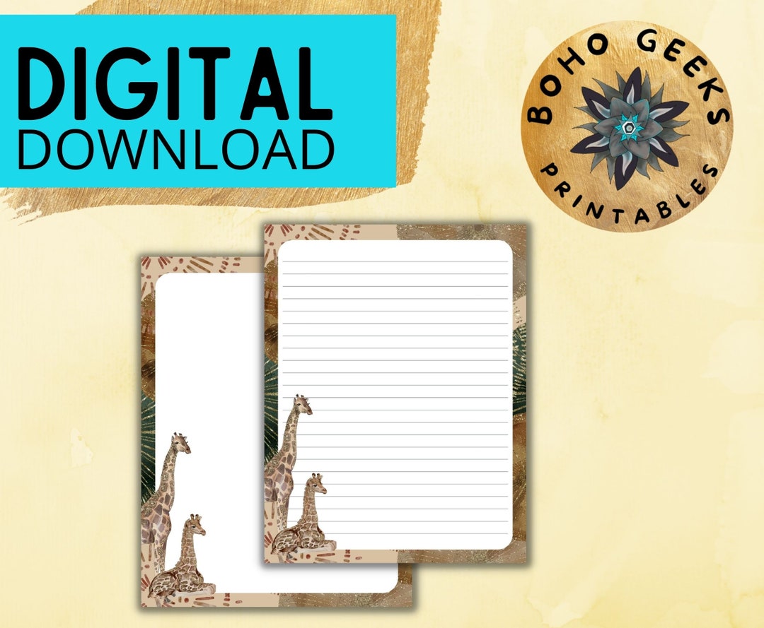 Giraffe Printable Stationery Set 8.5x11 US Letter Size, Instant ...