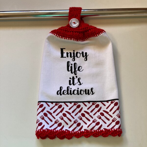 ENJOY LIFE/DELICIOUS - Kitchen Hanging Towel - Homemade Crochet /1259