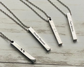 Twin Mama 4 sided pendant necklace | Double Blessed Twin Mom Stainless Steel Necklace