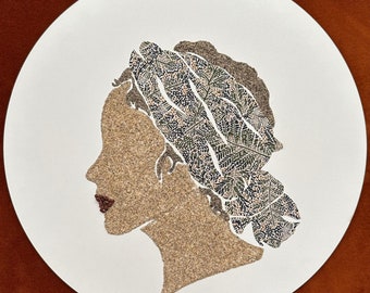 Woman portrait by sand, pebble and fabric, mosaic, painting, decor, art object