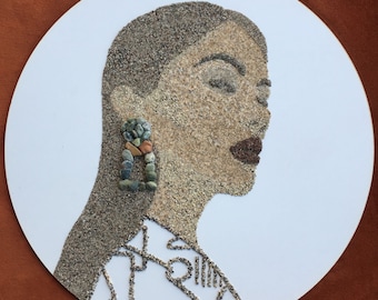 Woman portrait by sand and pebbles, mosaic, painting, decor, art object