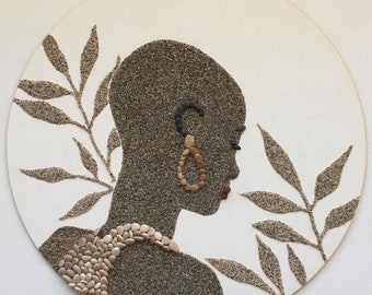 Woman figure by sand and pebbles, mosaic, painting, decor, art object