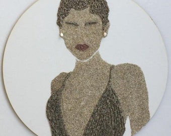 Woman figure by sand and pebbles, mosaic, painting, decor, art object