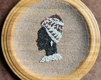 African woman figure by sand and pebbles, mosaic, painting, decor, art object