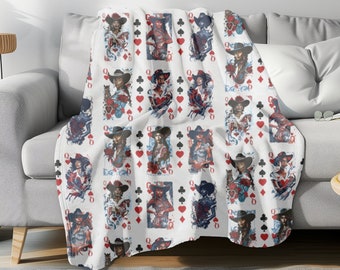 Black Cowgirl Queen of Hearts Plush Blanket - African American Cowgirl Gift Art | Texas Hold 'Em Inspired | Red, Black & Blue Aesthetic