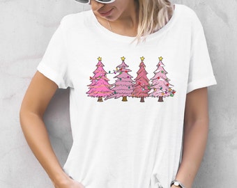 Pink Christmas Tree Shirt, Minimalist, Merry and Bright, Womens Holiday Christmas Shirt, Christmas Shirt for Women