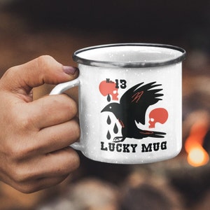 Raven Enamel Camp Cup, Halloween Coffee Mug, Lucky Number 13, Skeleton, Enamel Camp Mug, Enamel Mug, Fall Mug, Nevermore, Edgar Allan Poe