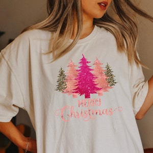 Pink Christmas Tree Shirt, Minimalist, Merry Christmas Tree Shirt, Womens Holiday Christmas Shirt, Christmas Shirt for Women