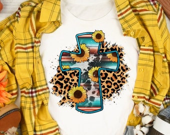 Cross Turquoise Leopard Sunflower TShirt, Sunflower Shirt, Christian Shirt, Bible Shirt