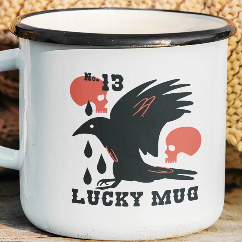 Raven Enamel Camp Cup, Halloween Coffee Mug, Lucky Number 13, Skeleton, Enamel Camp Mug, Enamel Mug, Fall Mug, Nevermore, Edgar Allan Poe image 3