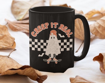 Retro Ghost Coffee Mug, Creep It Real, Spooky Mug, Ghost Coffee Cup, 15 ounce Mug, Halloween Mug, Black Mug, Spooky Season