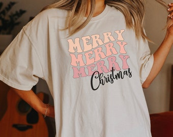 Christmas Comfort Color Shirt, Merry Christmas Shirt, Retro Christmas Tee, Oversized Womens Shirt, Christmas Pajamas, Christmas Graphic Tee