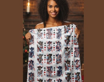 Black Cowgirl Queen of Hearts Plush Blanket - African American Cowgirl Gift Art | Texas Hold 'Em Inspired | Red, Black & Blue Aesthetic