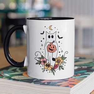 Floral Ghost Cat Coffee Mug, Spooky Cat Mug, Ghost Coffee Cup, Cocoa Mug, Halloween Mug, Halloween Mug, Spooky Season