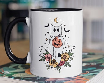 Floral Ghost Cat Coffee Mug, Spooky Cat Mug, Ghost Coffee Cup, Cocoa Mug, Halloween Mug, Halloween Mug, Spooky Season