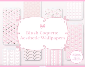 Blush Coquette Wallpaper Bundle | 12 Soft Pink Bow and Berry Patterns + 5 Bonus Quote Phone Wallpapers, iPhone and Android