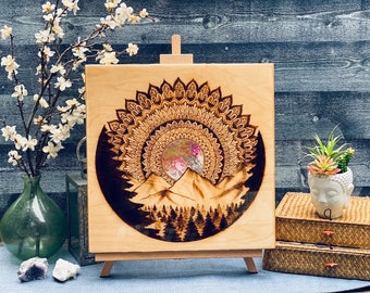 Woodburning - wall art, Mandala Series #4 (mixed media, mandala, pink, blue, gold, sunrise, mountains, trees, nature)