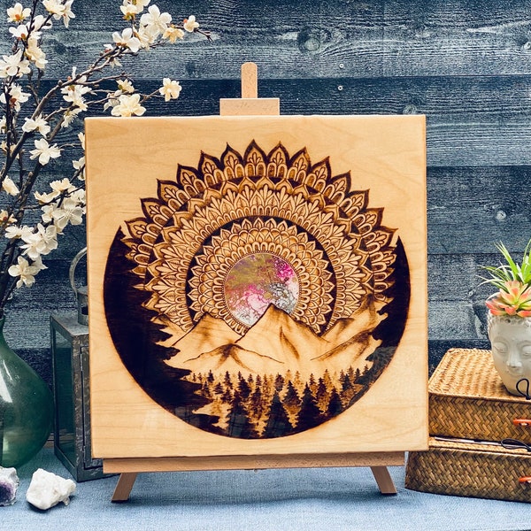 Woodburning - wall art, Mandala Series #4 (mixed media, mandala, pink, blue, gold, sunrise, mountains, trees, nature)