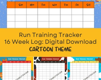 Cartoon Run Tracker 16 Week, PNG und PDF zum Ausdrucken | Runner Girl Tracker | Marathon Trainingstagebuch | Halb-Marathon Tracker