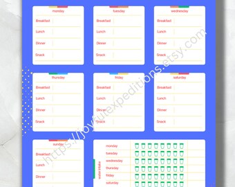 May include: A printable weekly meal planner with a blue background and colourful accents. The planner includes sections for breakfast, lunch, dinner, and snacks for each day of the week. It also includes a section for tracking water intake with a grid of glasses.