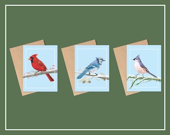 WINTER BIRDS Christmas Card Set, A2 Christmas Card, Holiday Card, Bird Greeting Cards, Cardinal Blue Jay Titmouse Cards, Blank Holiday Cards