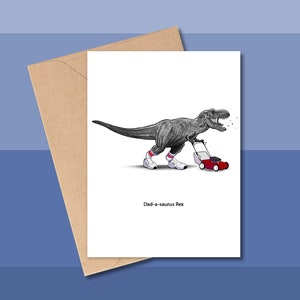 DAD-A-SAURUS REX carte de fête des pères dinosaure, fête des pères tyrannosaure, carte dinosaure pour papa, papa T-Rex tonte de pelouse, chaussures papa