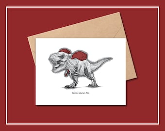Dinosaur Christmas Card, SANTA-SAURUS REX, Blank Christmas Card, Dinosaur Greeting Card, Tyrannosaurus Rex Card, Christmas Card Set