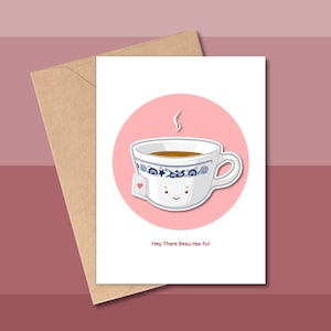 Hé là-bas Beau-thé, jolie carte de Saint-Valentin, tasse en pyrex vintage, tasse à thé de la Saint-Valentin, carte pour les amateurs de thé, Corelle Pyrex Old Town Blue