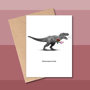 Carte d'anniversaire de dinosaure ROMANCESAURUS REX, carte de voeux de dinosaure, anniversaire de tyrannosaure, anniversaire de T-Rex, carte de voeux d'amour nerd