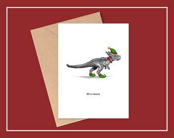 ELF-A-SAURUS Dinosaur Christmas Card, Blank Christmas Card, Holiday Card, Dinosaur Greeting Card, Stygimoloch Card, Seasonal Card