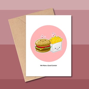 Jolie carte de Saint-Valentin, valentine gourmande, hamburger et frites, valentine ringard, valentine geek, valentine pour partenaire