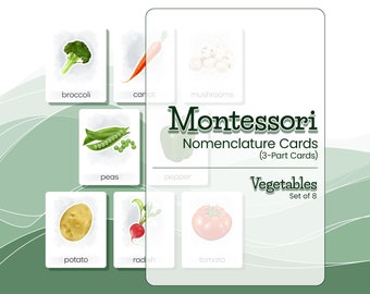Montessori Nomenclature Cards ILLUSTRATED Vegetables, Montessori Material, 3 Part Cards, Montessori Flash Cards, Home Schooling Material