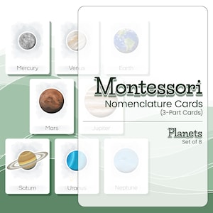 Cartes de nomenclature Montessori PLANÈTES ILLUSTRÉES, matériel Montessori, cartes en 3 parties, cartes flash Montessori, matériel scolaire à domicile