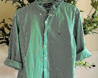Upcycled Emerald Green Striped Men’s Ralph Lauren long sleeve button down shirts with Ruffle Collar 100% cotton ~ Beautiful and like new!