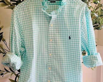 Upcycled Light Turquoise and White Gingham Check Men’s Ralph Lauren long sleeve button down shirt with Ruffle Collar 100% cotton Like new L