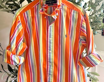 Upcycled Gorgeous Candy Striped Ralph Lauren long sleeve with Ruffle Collar 100% cotton Men’s M
