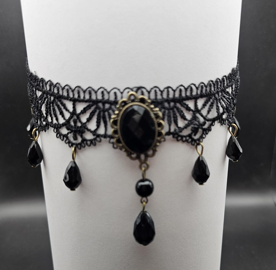 Gothic Black Lace Choker With Black Beads and Pendant. Women's Choker ...